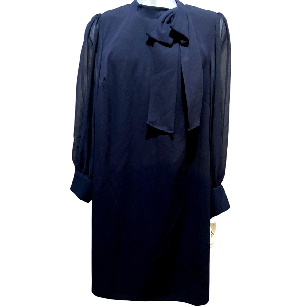 Shelby & Palmer Dress 16W Midi Knit Sheer Long Sleeves Navy Sheath Neck Bow